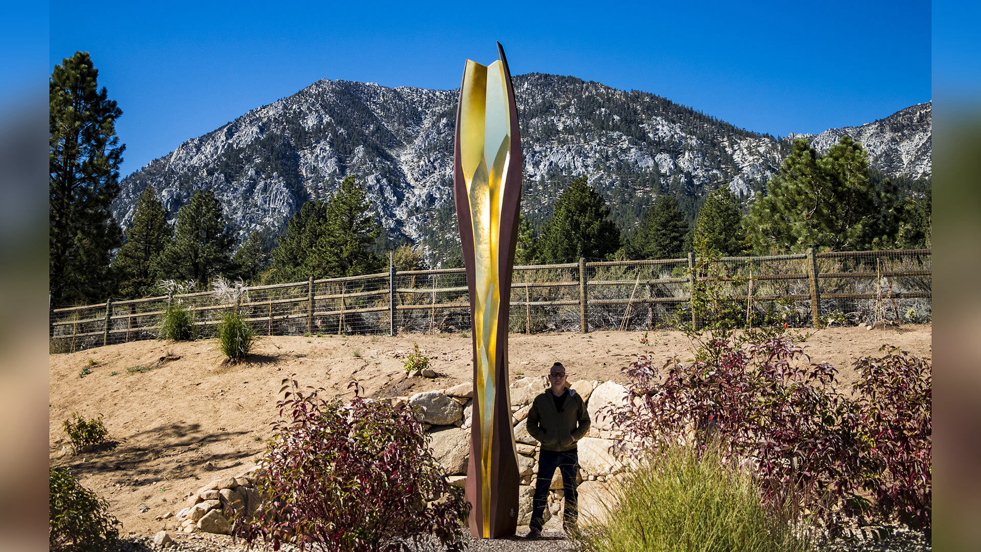 Cor corten and gold public art sculpture by Heath Satow Lake Tahoe NV