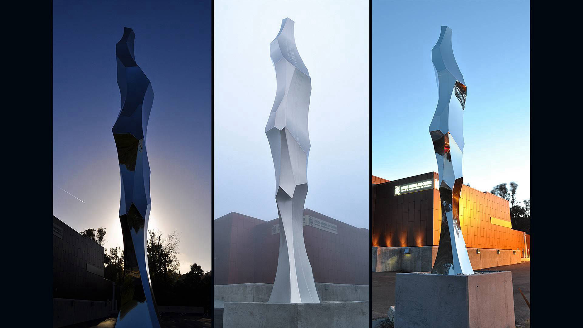 Muse - polished stainless steel public art figurative sculpture by Heath Satow Palos Verdes Art Center, CA