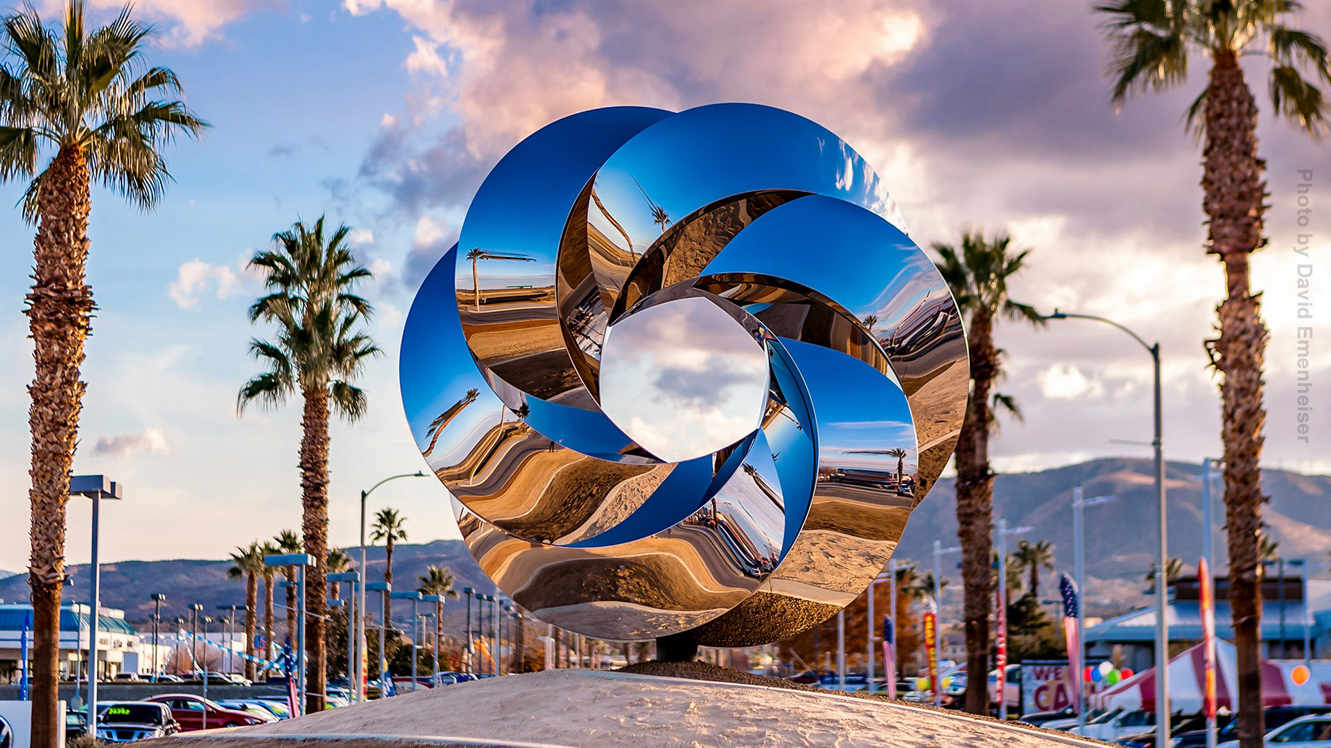 Polished stainless steel public art sculpture by Heath Satow Palmdale California