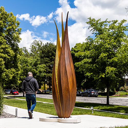 AMH:1898 — corten and gold public art sculpture by Heath Satow, Salt Lake City, Utah