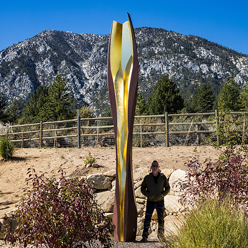 Cor — corten and gold public art sculpture by Heath Satow, Lake Tahoe, NV