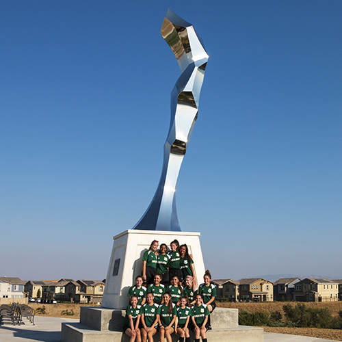 Elatus — mirror-polished stainless steel public art sculpture by Heath Satow, Dublin, CA
