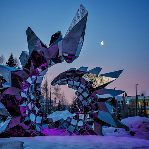 Inflorescence — mirror-polished stainless steel public art sculpture by Heath Satow, Anchorage, AK, UAA