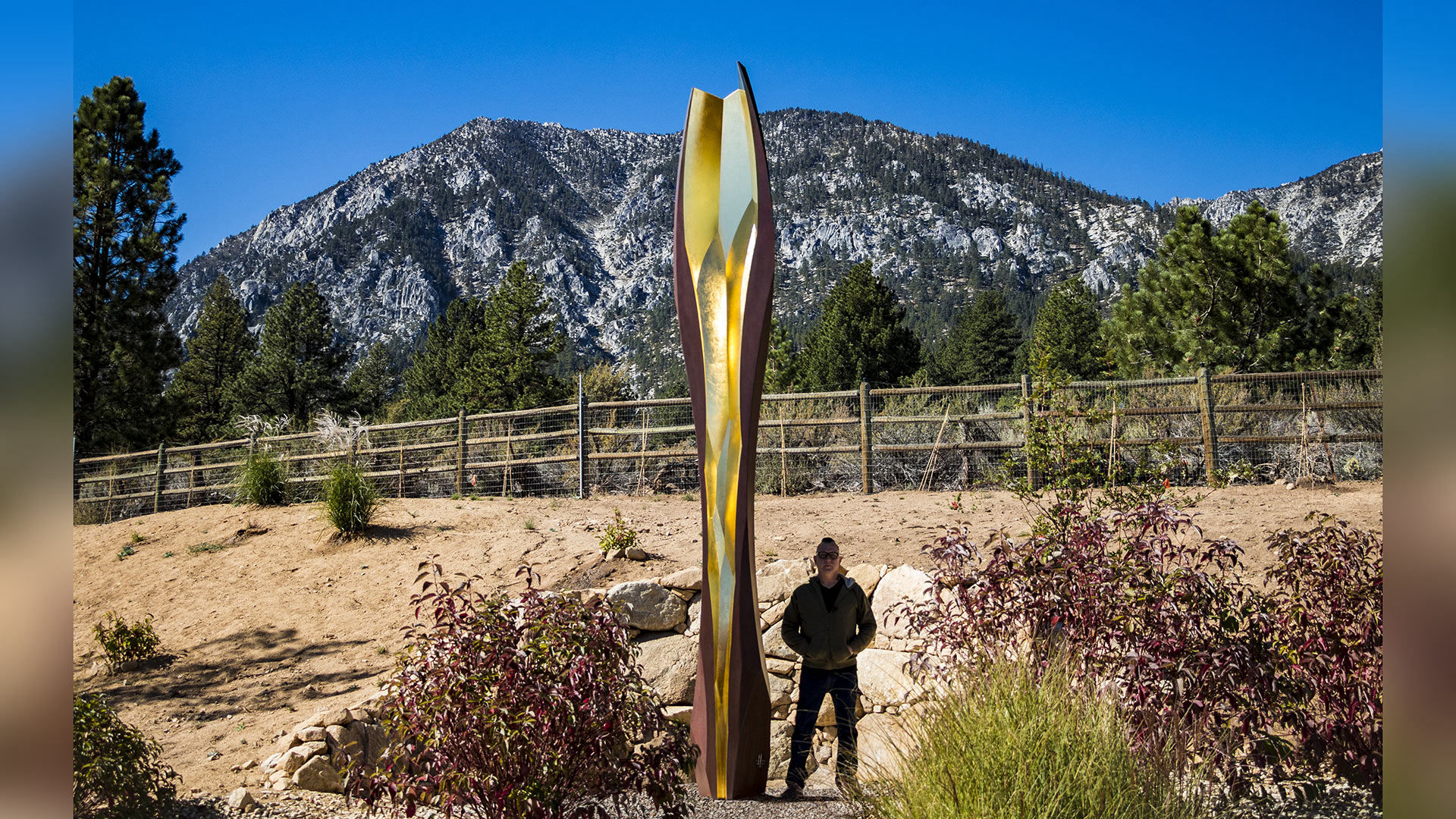 Cor — corten and gold public art sculpture by Heath Satow, Buffalo Creek Art Center, NV