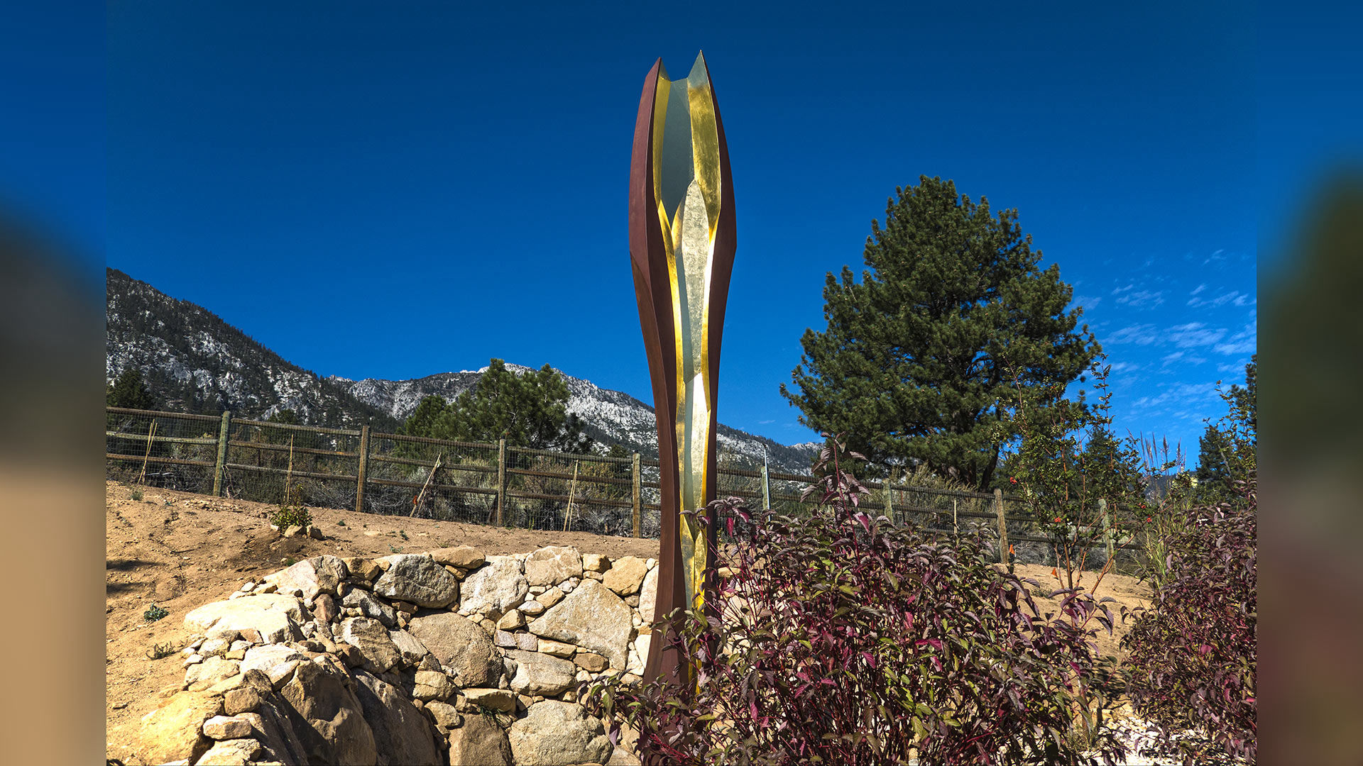 Cor — corten and gold public art sculpture by Heath Satow, Buffalo Creek Art Center, NV