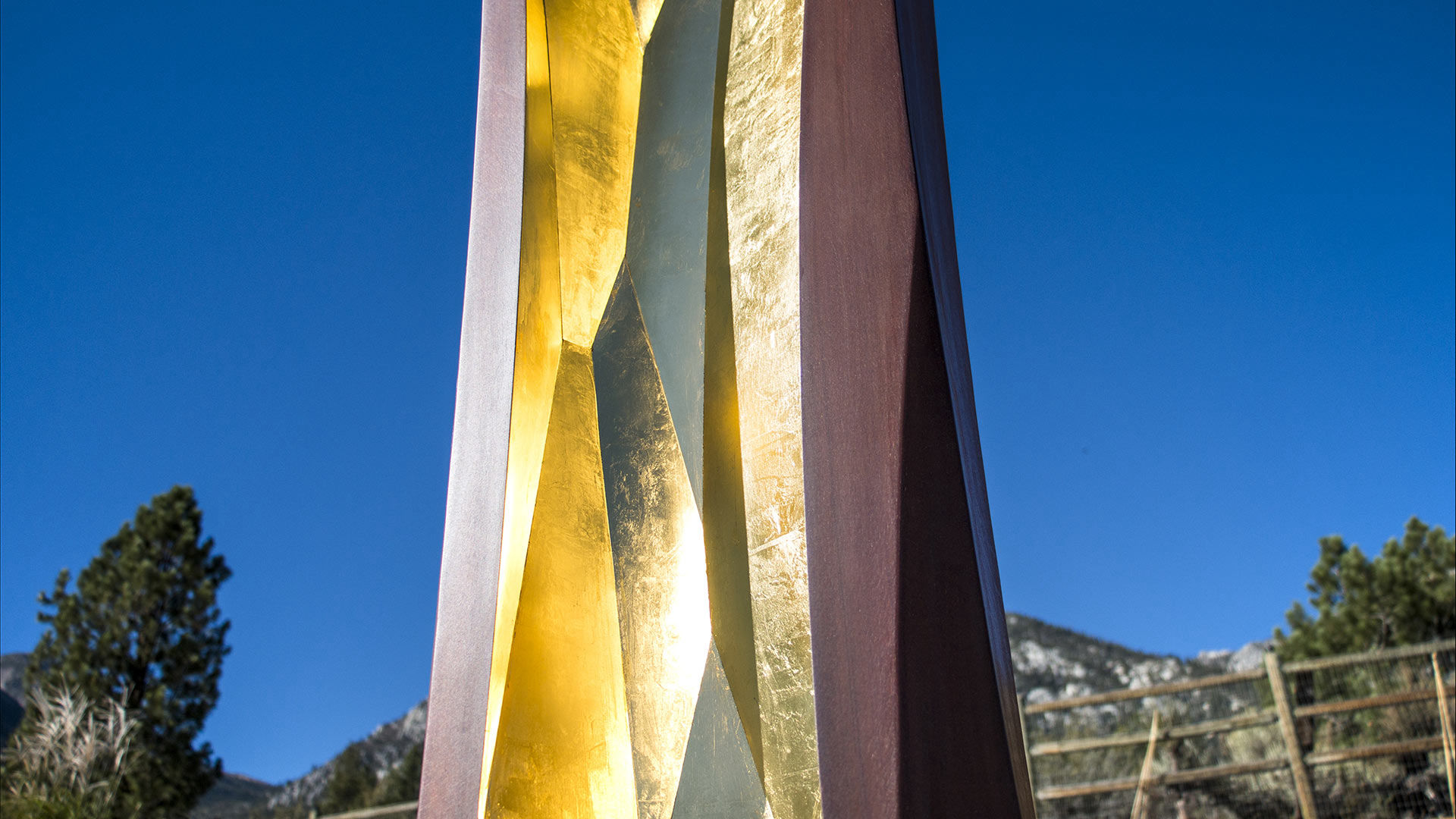 Cor — corten and gold public art sculpture by Heath Satow, Buffalo Creek Art Center, NV