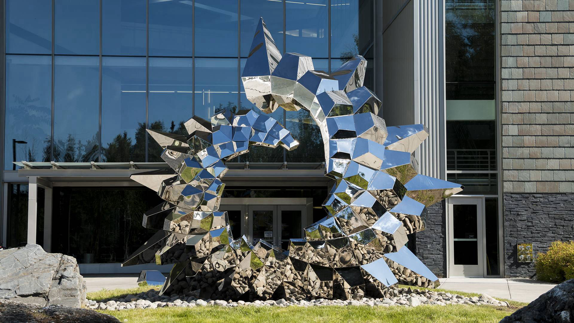 Inflorescence — mirror-polished stainless steel public art sculpture by Heath Satow, Anchorage, AK